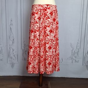 Linen Blend Tropical Floral A-line Midi Skirt Red White Sz 8 NWT